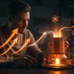 Startup nuclear innovadora con reactor pequeño en entorno tecnológico futurista, simbolizando innovación y oportunidades en la industria nuclear.