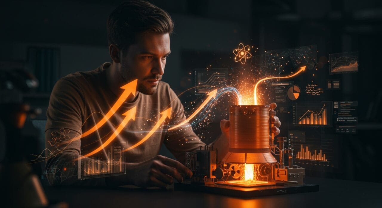 Startup nuclear innovadora con reactor pequeño en entorno tecnológico futurista, simbolizando innovación y oportunidades en la industria nuclear.