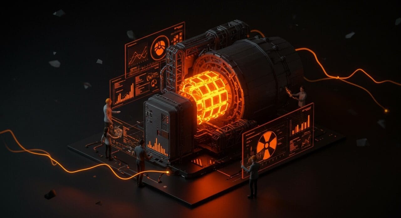 Startups nucleares con reactores modulares pequeños representando innovación y retos tecnológicos en energía limpia.