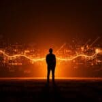 Fundador de startup frente a un horizonte digital que simboliza propiedad tecnológica abierta, inteligencia artificial ética y robótica innovadora.