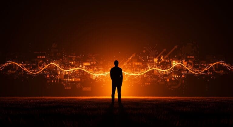 Fundador de startup frente a un horizonte digital que simboliza propiedad tecnológica abierta, inteligencia artificial ética y robótica innovadora.