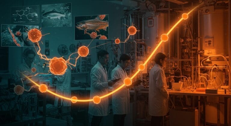 Innovación en biotecnología y startups en salmonicultura colaborando en laboratorio moderno en Chile.