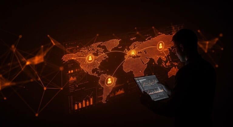 Mapa interactivo de empresas de vigilancia mostrando conexiones y financiamiento en tecnología de privacidad, clave para founders tech.