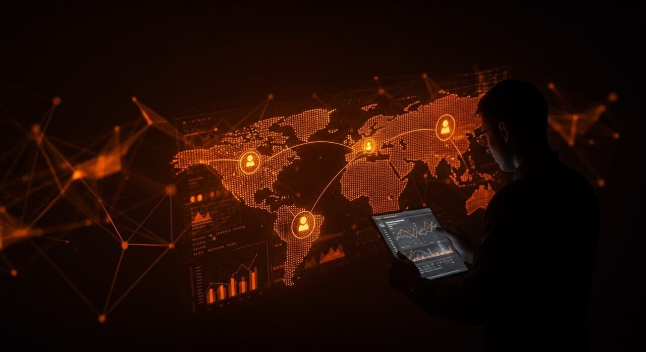 Mapa interactivo de empresas de vigilancia mostrando conexiones y financiamiento en tecnología de privacidad, clave para founders tech.