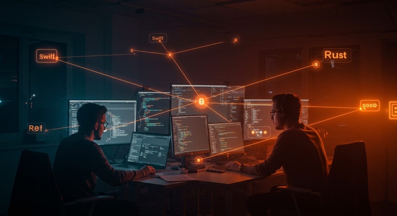 Desarrolladores trabajando en código Swift y Rust para desarrollo cross-platform en startups tecnológicas.