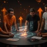 Founders hispanos colaborando en TechCrunch Disrupt 2026 con metáforas visuales de escalabilidad y conexión en evento tecnológico.