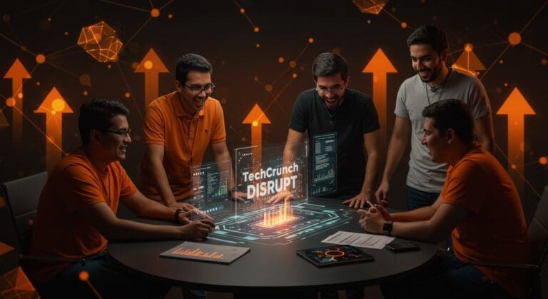 Founders hispanos colaborando en TechCrunch Disrupt 2026 con metáforas visuales de escalabilidad y conexión en evento tecnológico.