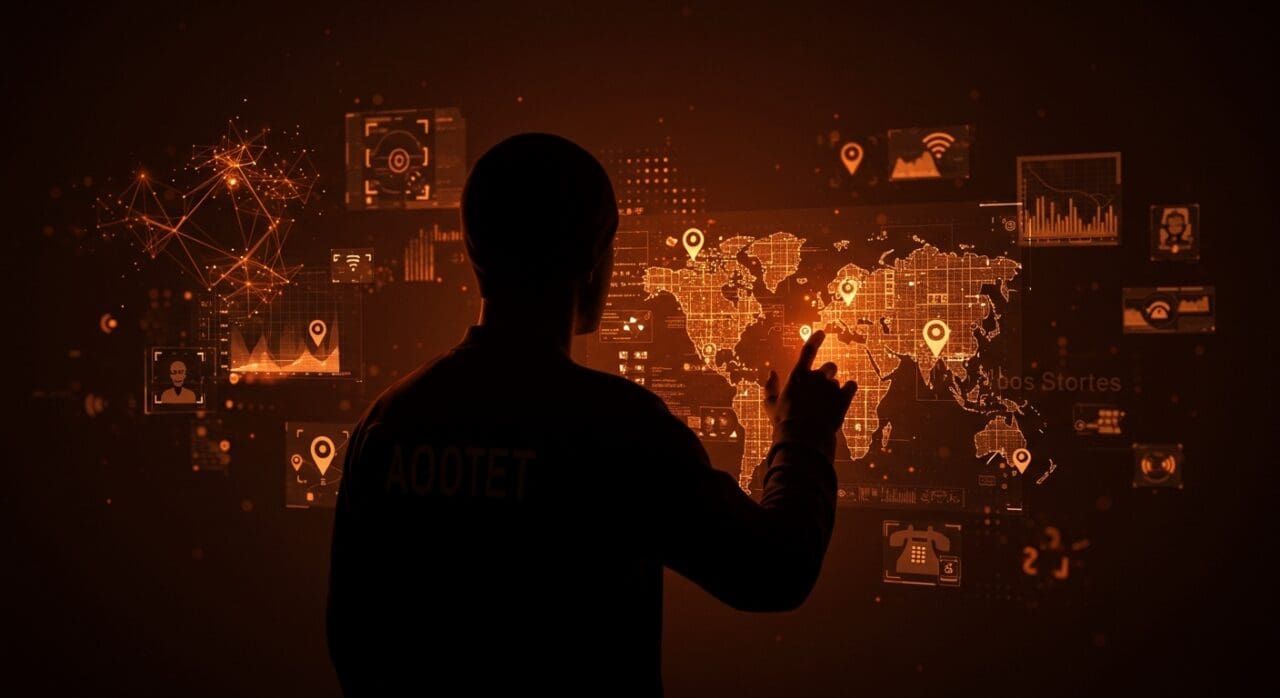 Tecnología de vigilancia con IA usada por ICE para operativos de deportación, mostrando reconocimiento facial y espionaje digital en un contexto de seguridad y tecnología.