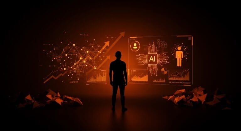 Fundador tech frente a interfaz digital avanzada con modelos de inteligencia artificial representando tendencias tecnológicas y adopción pragmática de IA en 2026.