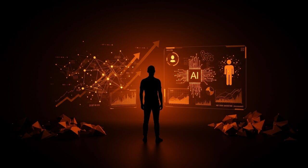 Fundador tech frente a interfaz digital avanzada con modelos de inteligencia artificial representando tendencias tecnológicas y adopción pragmática de IA en 2026.