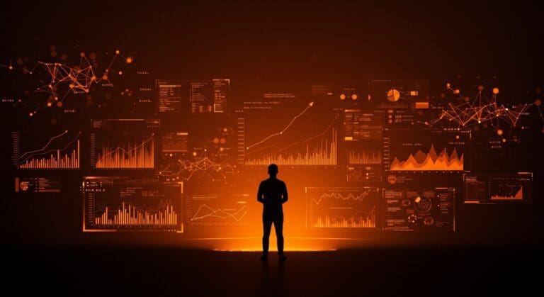 Founder latino frente a tablero digital futurista mostrando tendencias tech y crecimiento de startups en 2026.