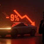 Caída del 9% en ventas de Tesla 2025 representada con Cybertruck y flecha descendente en contexto de movilidad eléctrica y competencia EV.