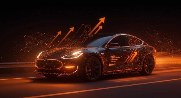 Tesla impulsando Full Self-Driving para liderar la conducción autónoma, ilustrado con un vehículo futurista en transición digital avanzada.