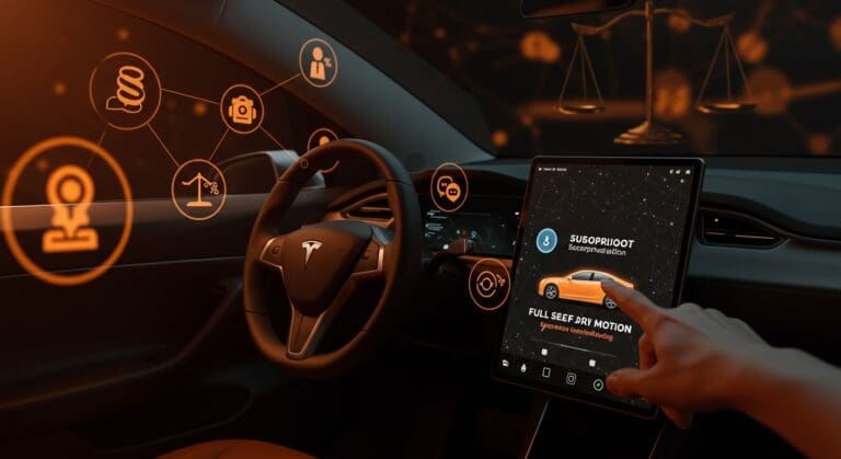 Interfaz digital de Tesla mostrando cambio a suscripción Full Self-Driving destacando innovaciones en movilidad y monetización.