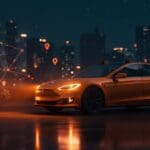 Tesla robotaxi autónomo estacionado en calle urbana futurista, ilustrando desafíos y futuro incierto de la movilidad autónoma.