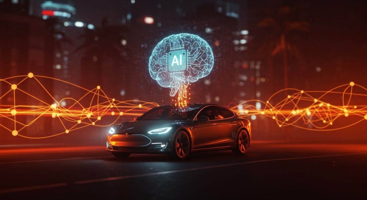 Tesla invierte 2000 millones en xAI impulsando inteligencia artificial y robotaxis autónomos en un entorno urbano futurista.