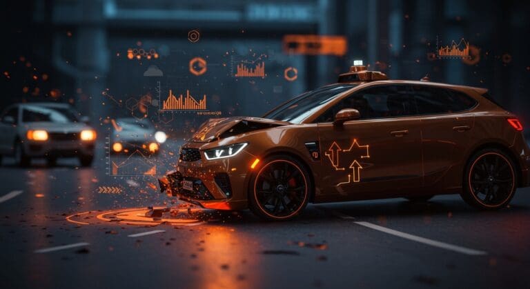 Robotaxi de Tesla involucrado en accidente mostrando tasa de accidentes 3 veces mayor comparado con humanos en movilidad tecnológica.