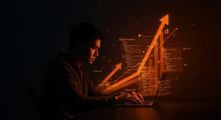 Desarrollador concentrado programando en TypeScript con metáforas visuales de crecimiento y desarrollo tecnológico en paleta naranja y negro.