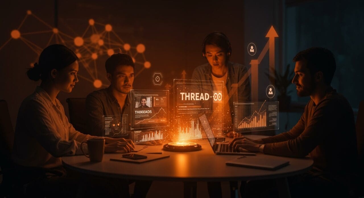 Founders colaborando en un espacio digital mostrando anuncios de Threads y estrategias de monetización en redes sociales.