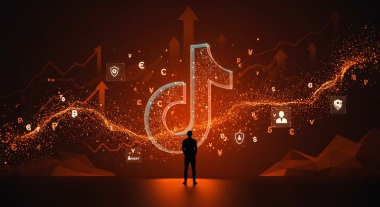 Fundador tech frente a un logo digital de TikTok rodeado de patrones abstractos de IA y datos, resaltando privacidad y monetización en redes sociales.