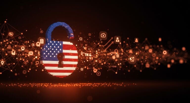 Transición de TikTok a propiedad estadounidense destacada con símbolos de privacidad, algoritmo y regulación tecnológica en un estilo editorial cinematográfico.