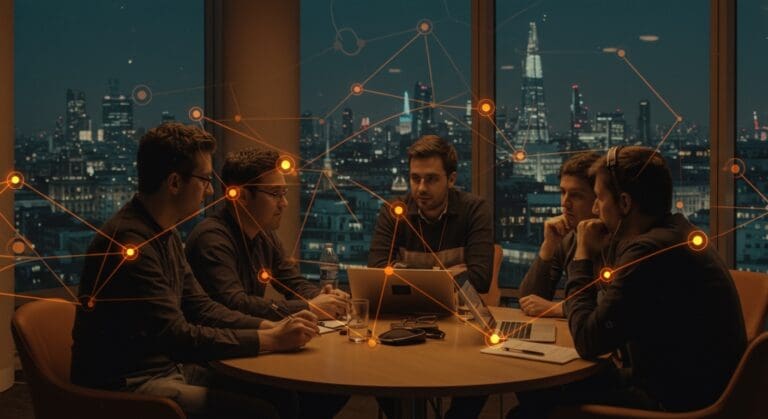 Conferencia TNW en Londres mostrando founders e inversores conectando en un entorno tecnológico global con enfoque en networking latino y tendencias tecnológicas.