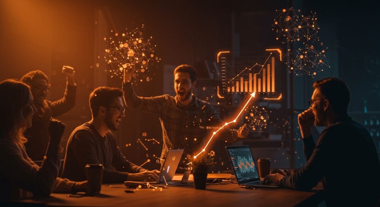 Equipo de startup tecnológica en Vietnam celebrando éxito en IA aplicada y funding, ilustrando crecimiento y ecosistema startup.