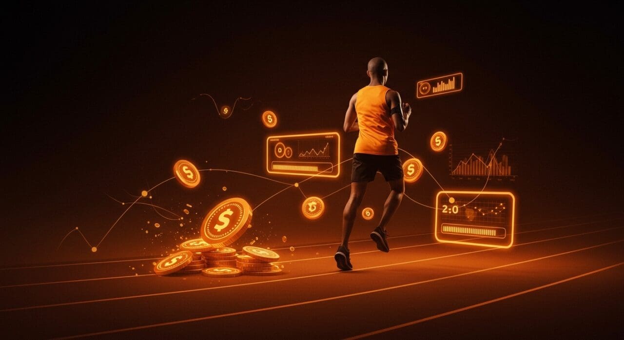 Usuario corriendo con iconografía digital que representa una app de fitness que premia el esfuerzo con recompensas económicas reales.
