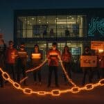 Trabajadores tecnológicos protestando frente a sede corporativa tech, exigiendo responsabilidad empresarial ante acciones de ICE y su impacto comunitario.