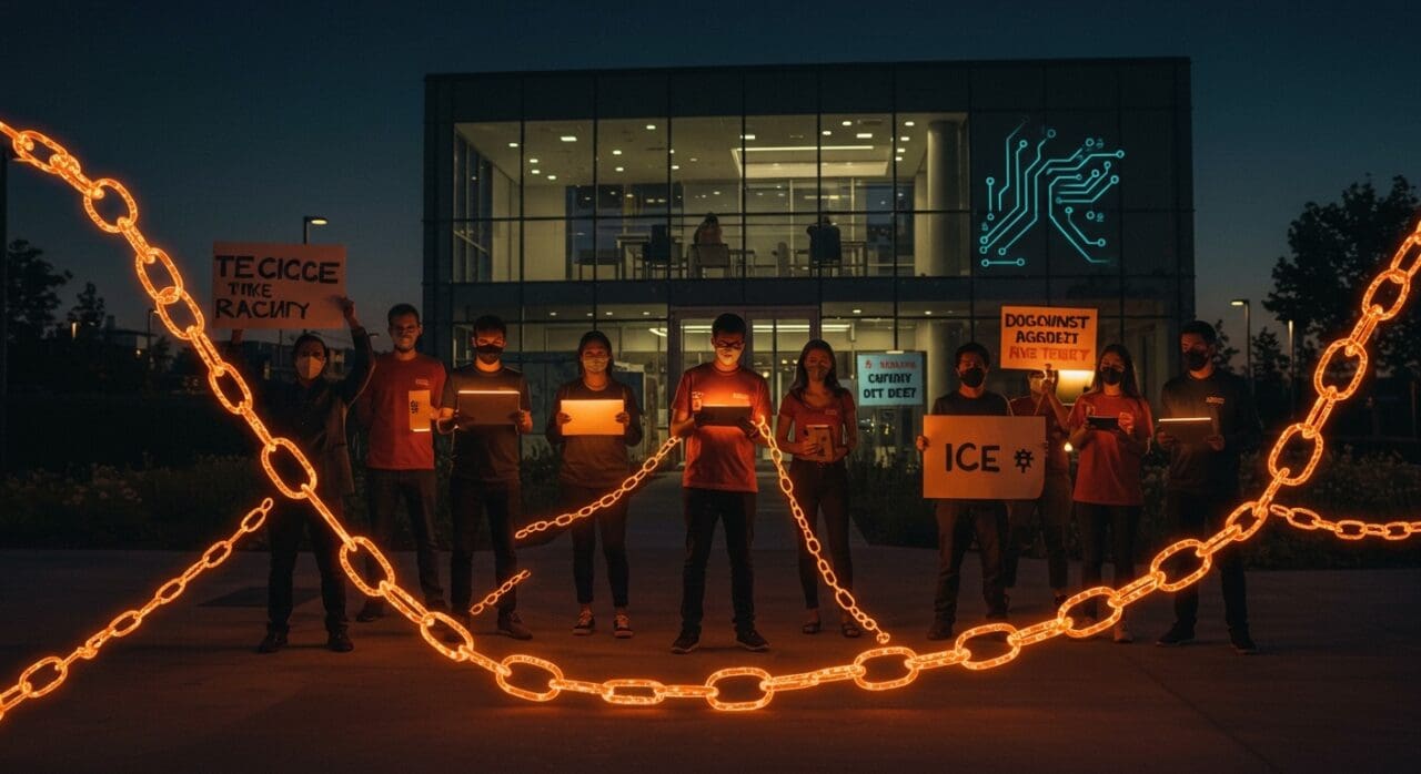 Trabajadores tecnológicos protestando frente a sede corporativa tech, exigiendo responsabilidad empresarial ante acciones de ICE y su impacto comunitario.