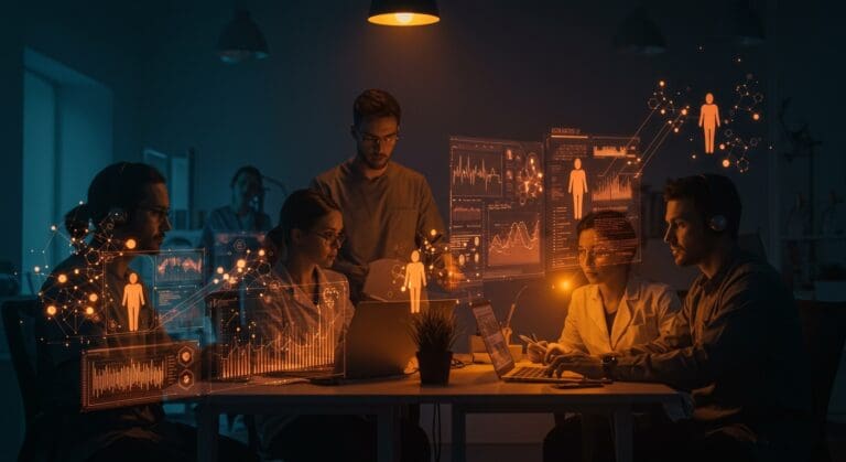 Equipo de ingenieros tecnológicos innovando en healthtech con IA aplicada y automatización para mejorar el acceso a la salud.