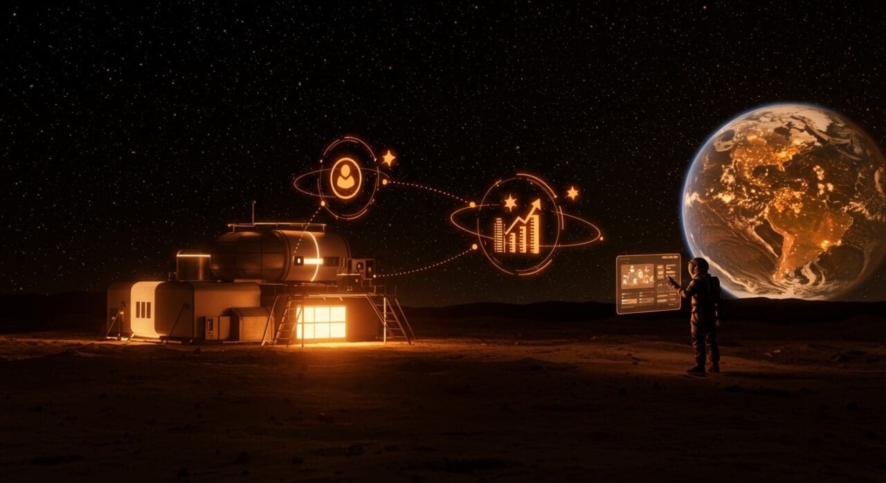 Hotel lunar futurista y startup espacial revolucionando el turismo espacial y la economía lunar con innovaciones tecnológicas.