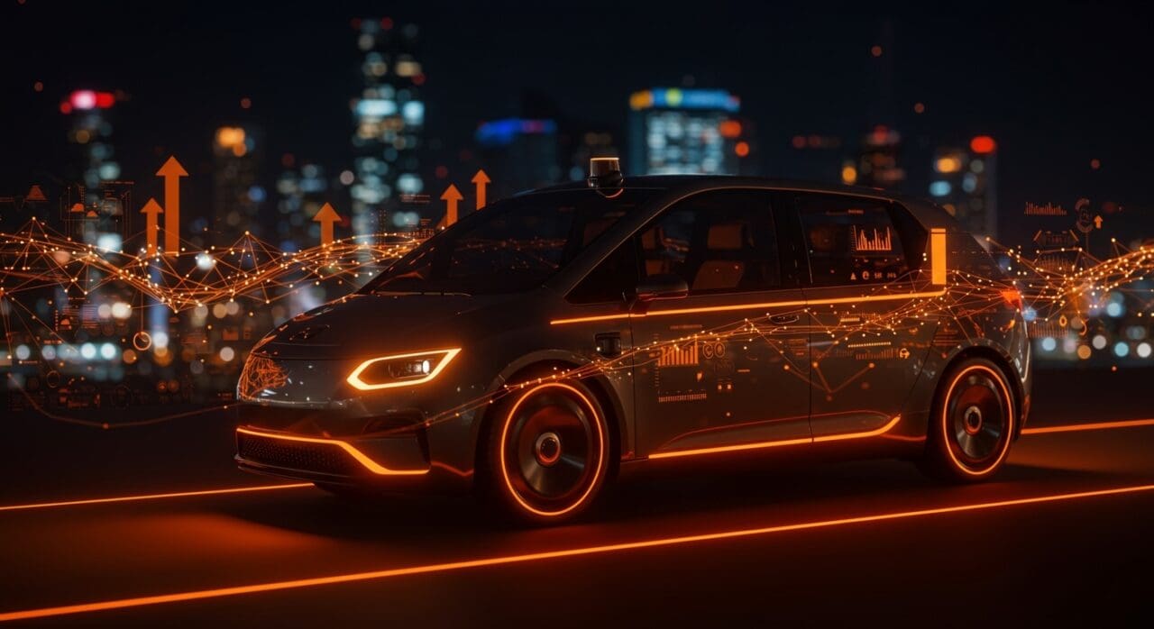 Robotaxi autónomo de Uber en un entorno futurista con flujos de datos naranjas simbolizando la movilidad y desarrollo tecnológico en vehículos autónomos.