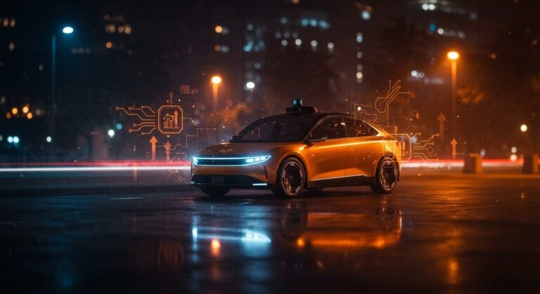 Robotaxi autónomo de Uber, Lucid y Nuro presentado en CES 2026 representando movilidad autónoma e innovación tecnológica.