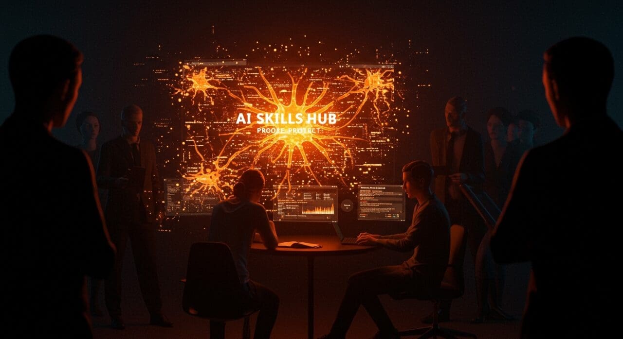 Proyecto AI Skills Hub del gobierno UK con errores técnicos costosos ilustrados por un fundador tecnológico frente a una interfaz digital fragmentada.