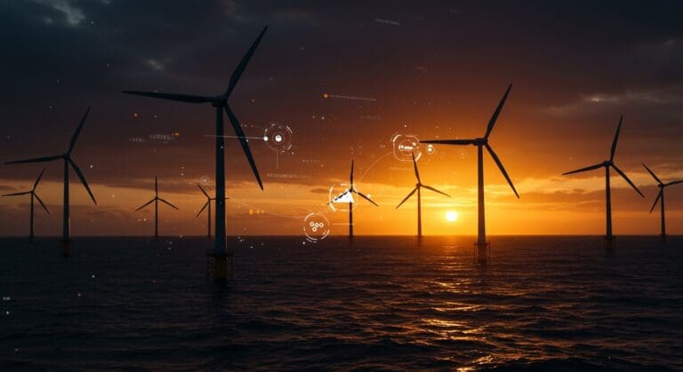 Parque eólico offshore en el Reino Unido con turbinas girando al atardecer, simbolizando récords y oportunidades tecnológicas en energía eólica offshore.