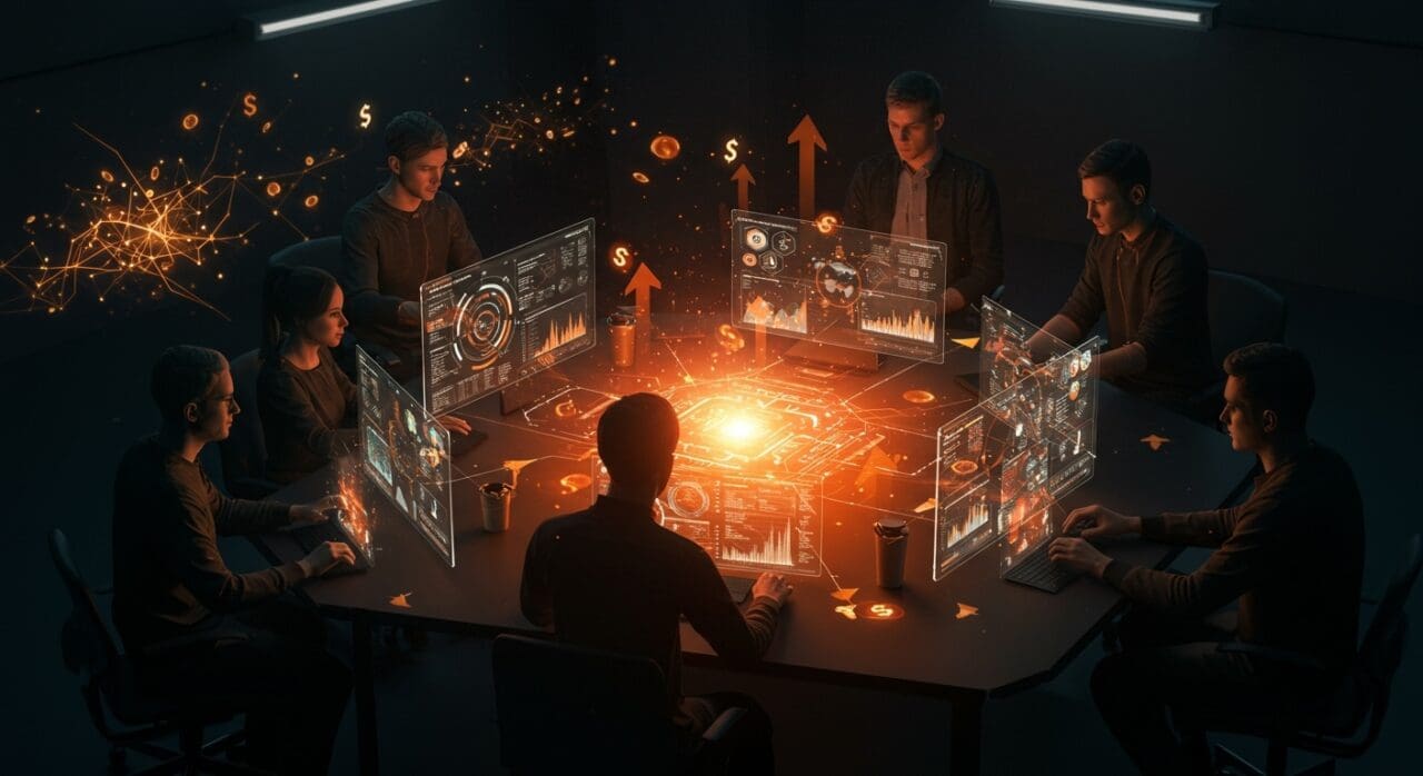 Equipo de fundadores tecnológicos colaborando con interfaces de visión artificial open source YOLO en una escena de innovación y financiación Serie A.