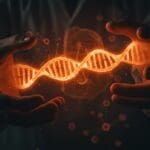 Científico sosteniendo una cadena de mRNA luminosa representando vacuna personalizada contra melanoma y avances en biotecnología.