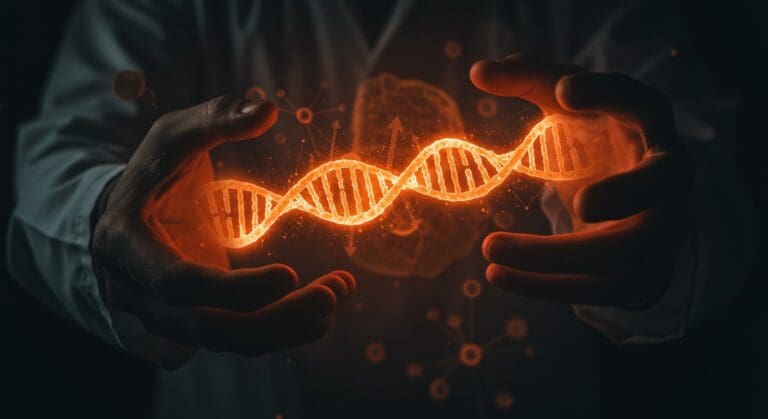 Científico sosteniendo una cadena de mRNA luminosa representando vacuna personalizada contra melanoma y avances en biotecnología.