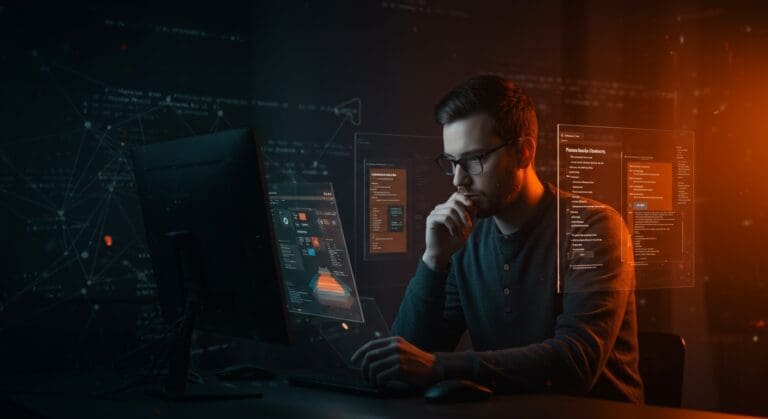 Desarrollador frontend evaluando componentes de radio button Shadcn en React, destacando performance y mantenibilidad en desarrollo SaaS.