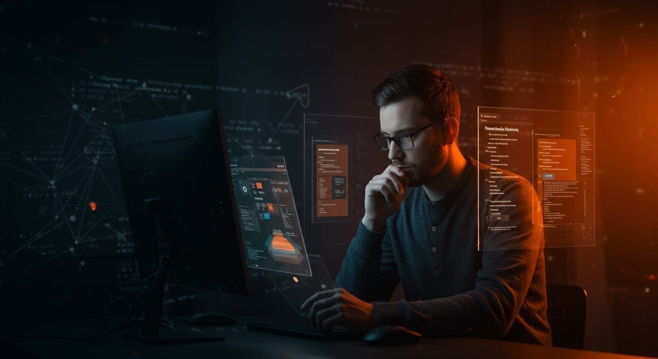 Desarrollador frontend evaluando componentes de radio button Shadcn en React, destacando performance y mantenibilidad en desarrollo SaaS.