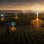 Innovación agroalimentaria en el Valle del Ebro representada por un emprendedor con tecnología agrícola holográfica en un paisaje de campo sostenible.
