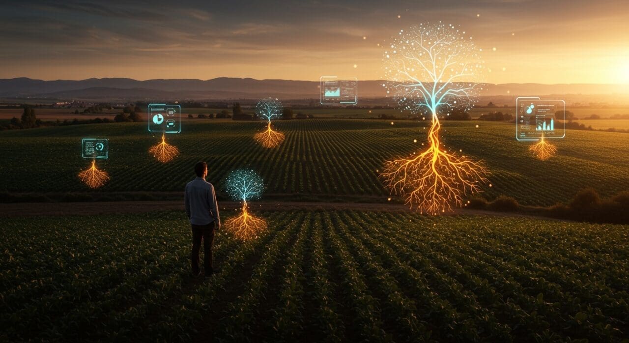 Innovación agroalimentaria en el Valle del Ebro representada por un emprendedor con tecnología agrícola holográfica en un paisaje de campo sostenible.