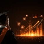 Estudiante graduado frente a un holograma digital que representa el valor del título universitario en Estados Unidos y su impacto en el mercado laboral.