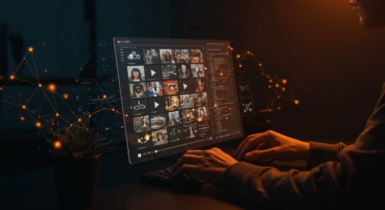 Interfaz de video con navegación visual 2D en miniaturas integradas en frameworks JavaScript, simbolizando video UX sin carga en servidores para SaaS de video.