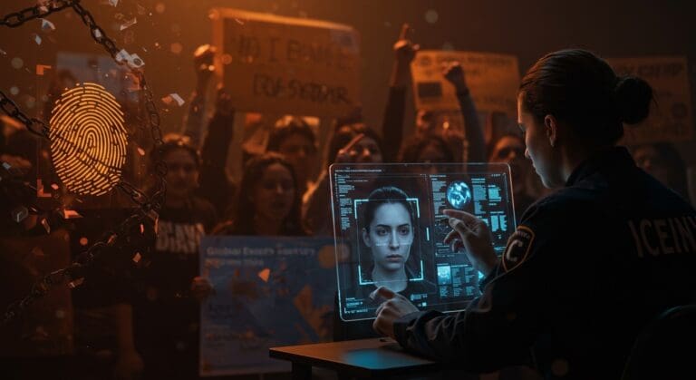 Vigilancia biométrica de ICE identificando manifestantes y revocación de beneficios Global Entry en contexto de derechos civiles.