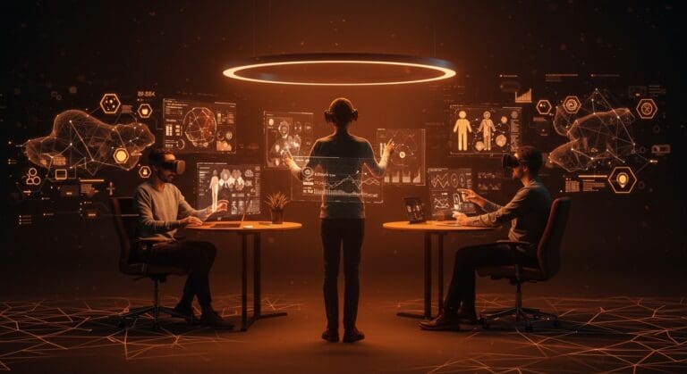 Fundadores colaborando con tecnología inmersiva VR, AR y MR en un entorno futurista que destaca el diseño centrado en el usuario e innovación tecnológica.