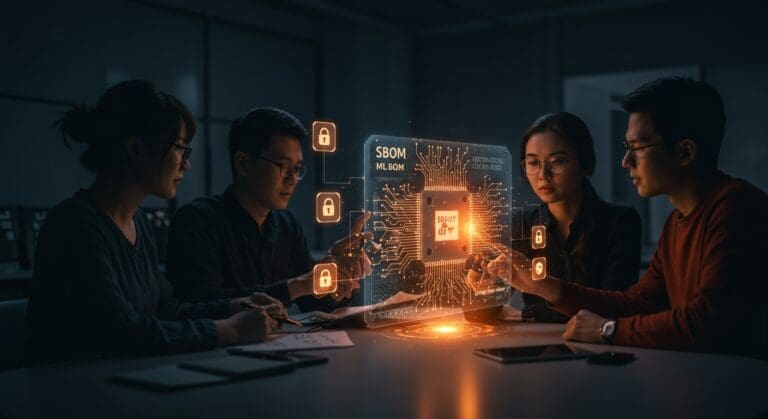Equipo de startup visualizando una cadena de suministro de IA segura con SBOM y ML-BOM, destacando la seguridad y gobernanza en IA.