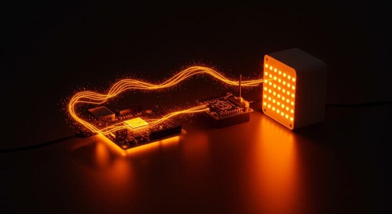 Visualización de ondas de radio con Hack RF1 y Raspberry Pi mostrando señales inalámbricas en luz naranja y negra para startups tecnológicas.