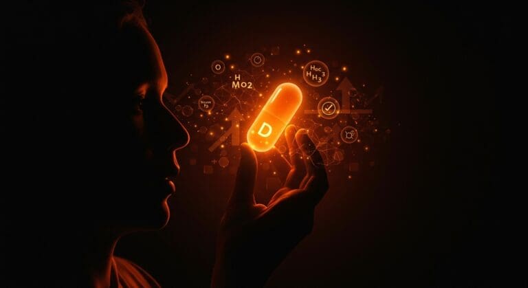 Vitamina D y Omega-3 representados como cápsulas luminosas mejorando la depresión, destacando su impacto positivo en la salud mental de founders.